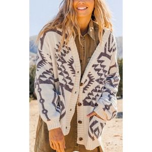 Soft ivory southwestern multi print v-neck chenille cardigan balloon sleeve